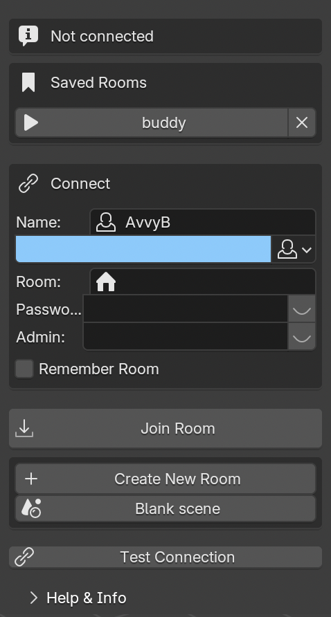 The Blend Buddies sidebar before connecting, showing Saved Rooms and the Connect form with name, room, password and admin fields.