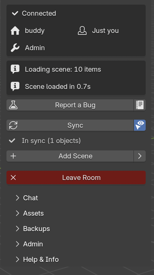 The Blend Buddies sidebar while connected, showing the room name and user count, the Sync button with its in-sync indicator, Add Scene, Leave Room and the Chat, Assets, Backups, Admin and Help sub-panels.